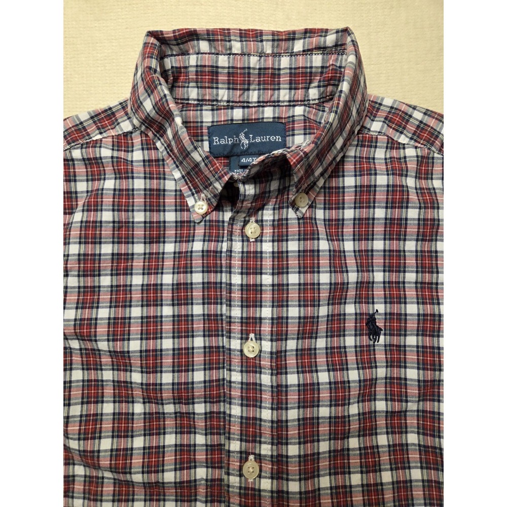 Ralph‎ Lauren Boys Cotton  Button Down Red Blue Green Plaid Dress Shirt 4T